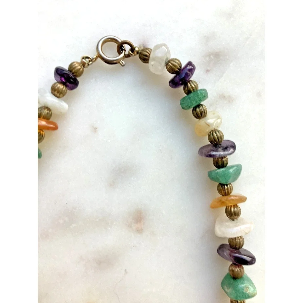 Vintage Beggars Bead Necklace Polished Multicolor Natural Stones  - 18 Inch - Picture 5 of 8